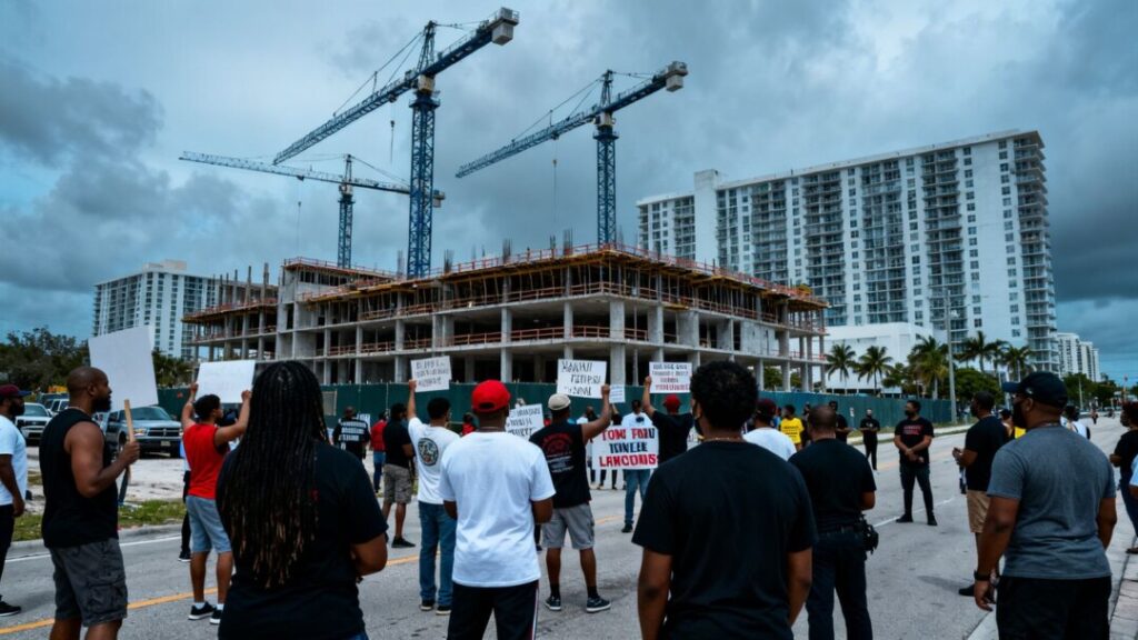 Miami-Dade residents protest development projects near construction site.