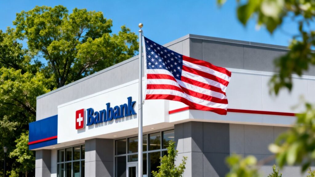 Hometown Financial bank branch exterior with American flag.