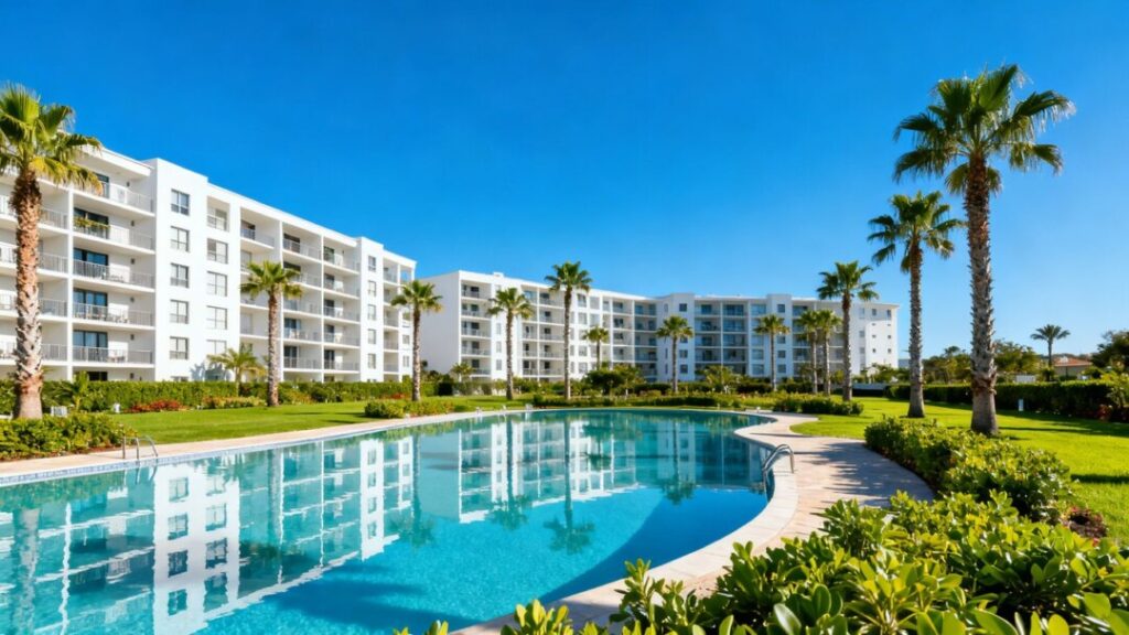 Modern apartment complex with pool and palm trees.