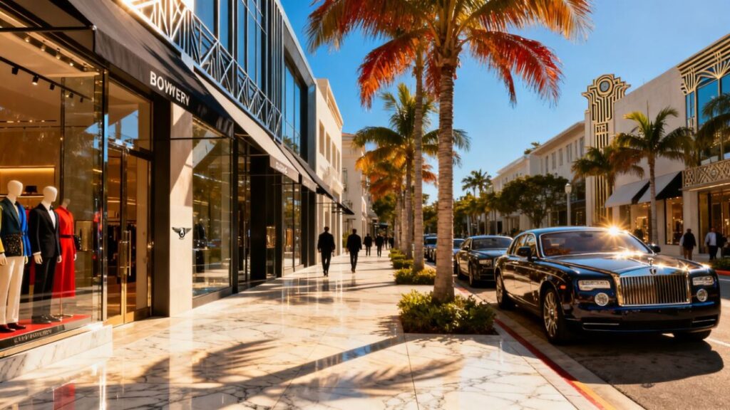 Luxury retail street in Palm Beach with boutiques and palm trees.