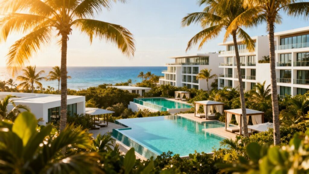 Luxury resort on a tropical island with palm trees and pools.