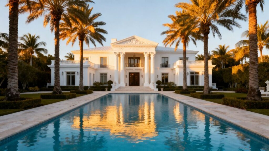Luxury Miami Beach mansion with pool and palm trees.
