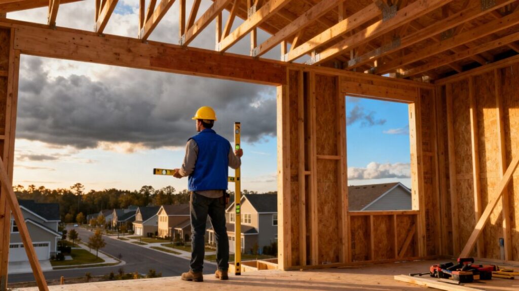 Builder on house frame overlooking neighborhood.