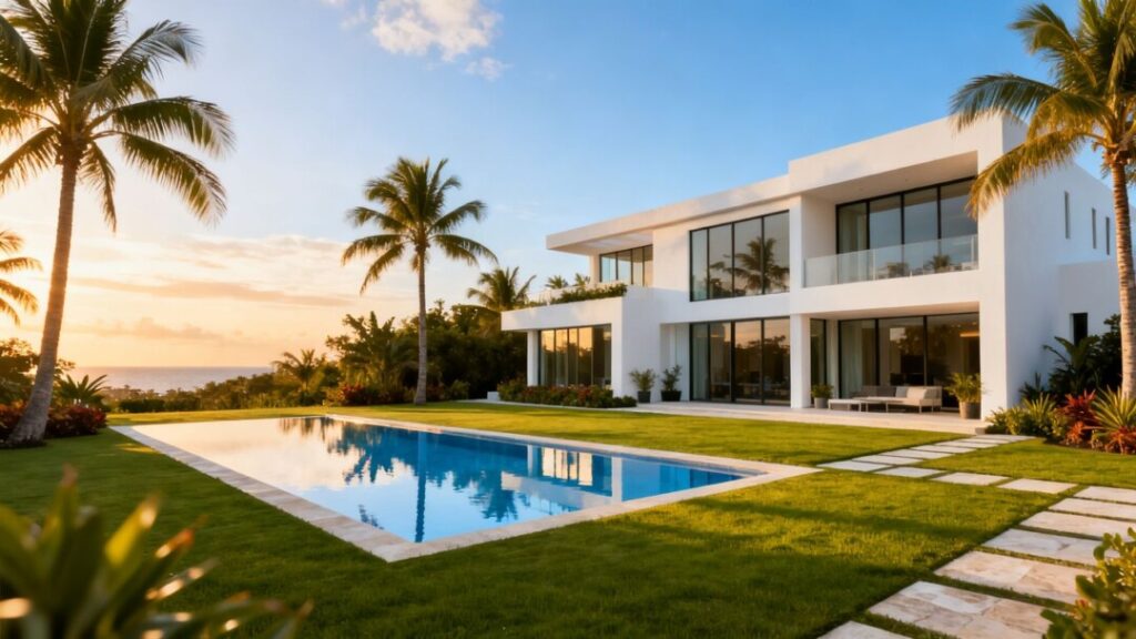 Luxury Miami mansion with pool and palm trees.
