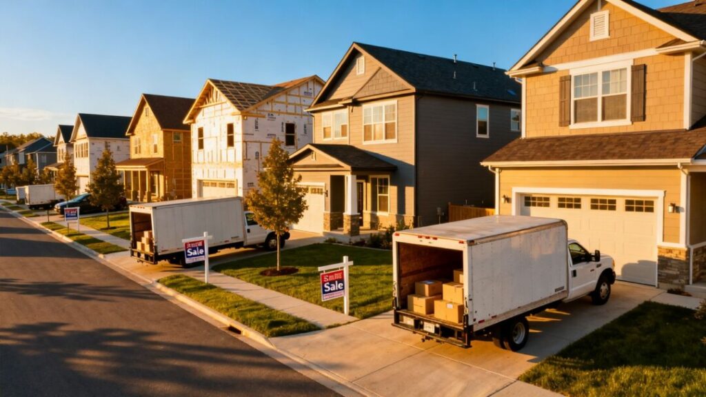 Houses with 'For Sale' signs on a sunny street.