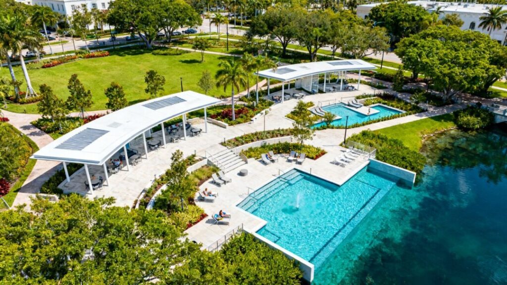 Ponce Park amenities in Coral Gables with landscaping and water features.