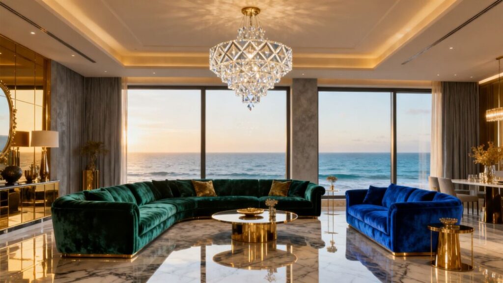 Luxurious Miami living room with ocean view and modern decor.