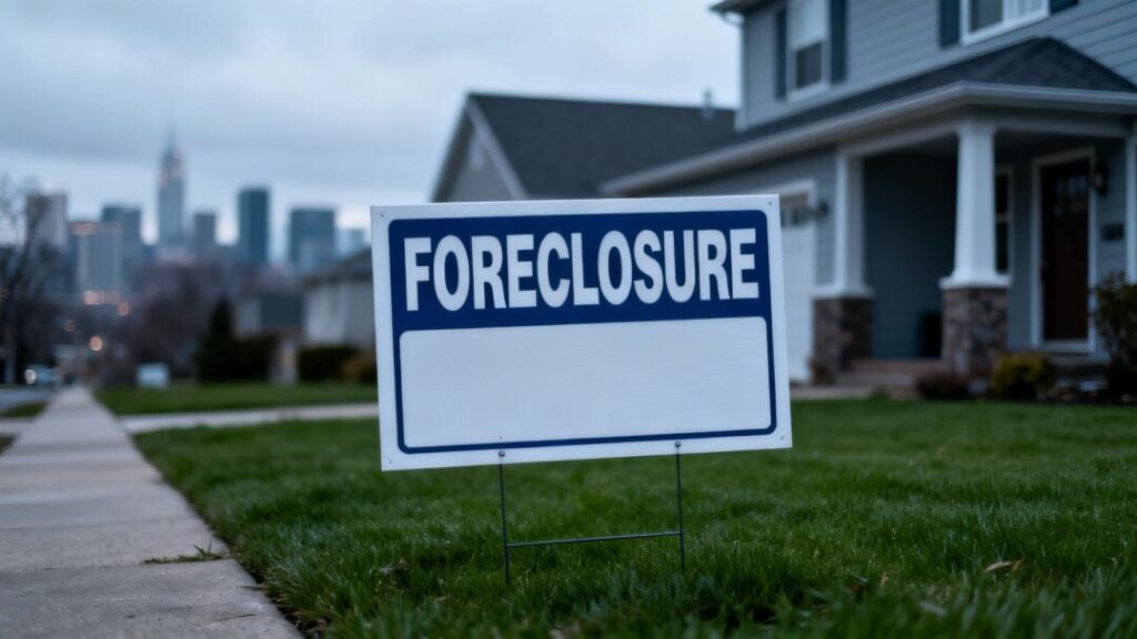 Foreclosure sign on lawn, suburban house, overcast sky.
