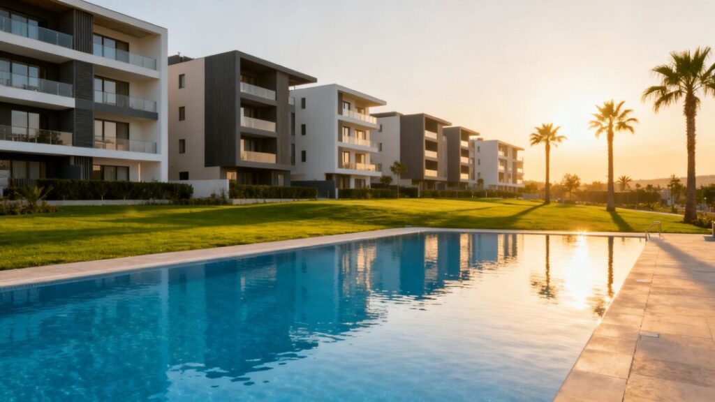 Florida apartment complex with pool and palm trees.