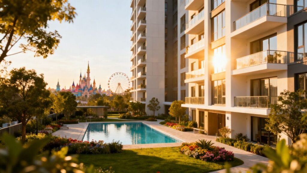 Florida apartment complex near theme parks with pool.