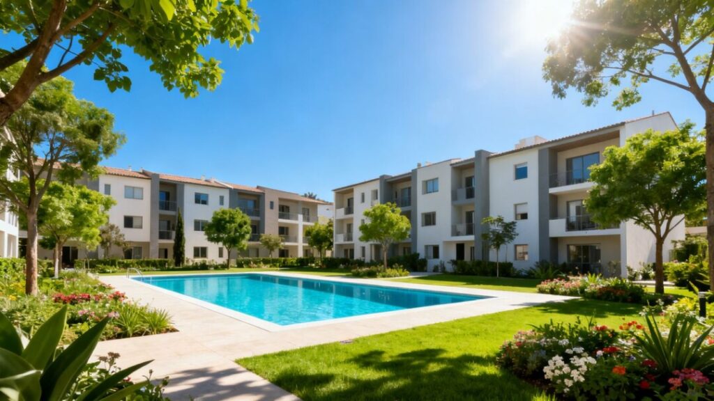 Atlanta apartment complex with pool and landscaping.