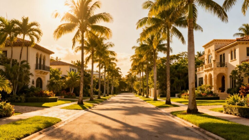 Coconut Grove street with palm trees and luxury homes.