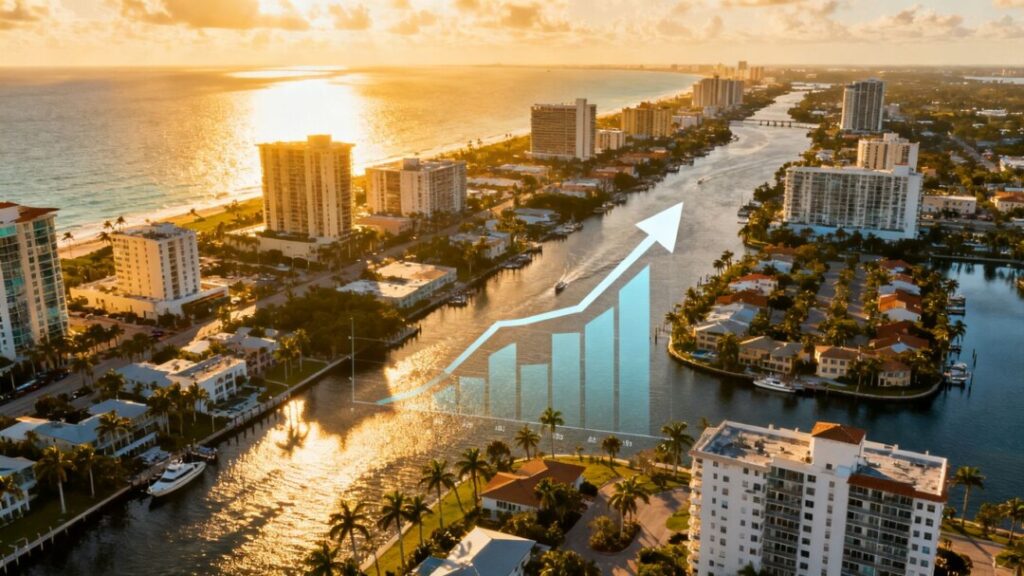 Palm Beach County skyline with housing cost graph overlay.