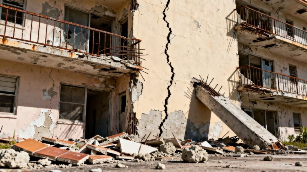 Damaged Florida condo building with cracks and crumbling balconies.
