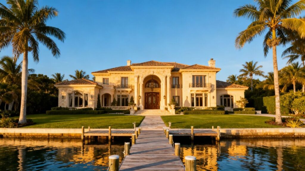 Luxury waterfront mansion with palm trees and private dock.