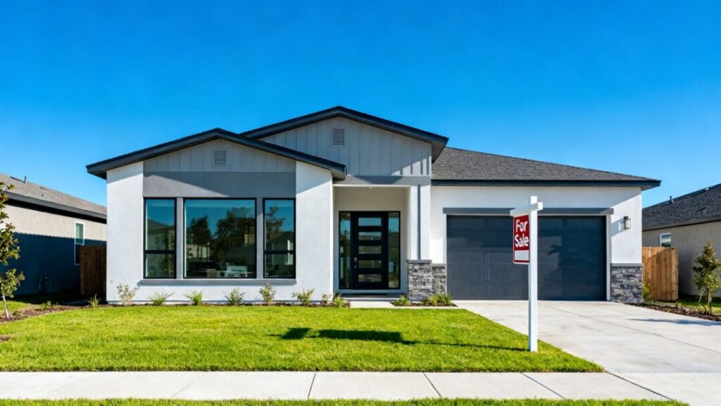 New home with 'For Sale' sign under a clear blue sky.