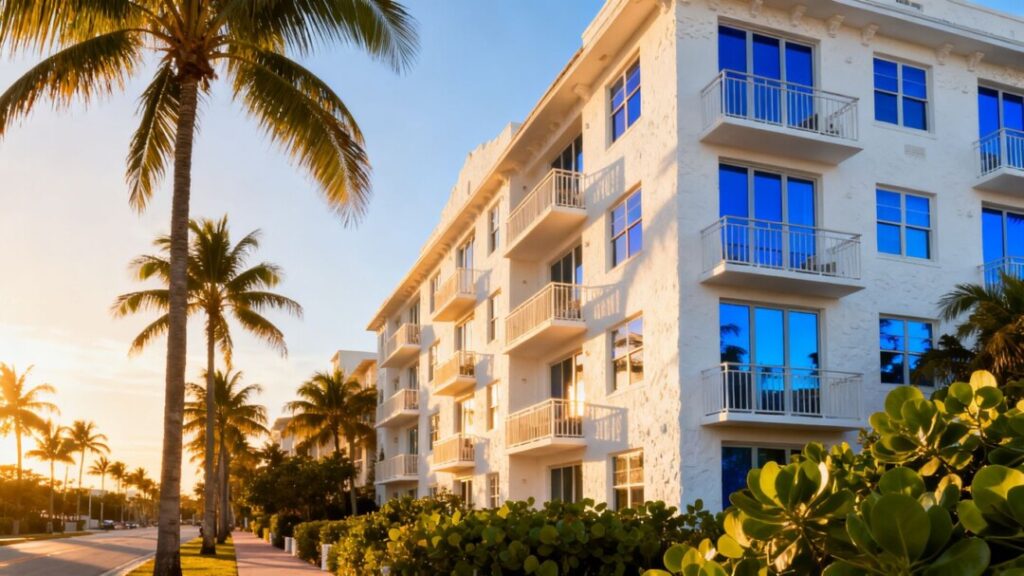 Miami Beach multifamily property with balconies and palm trees.