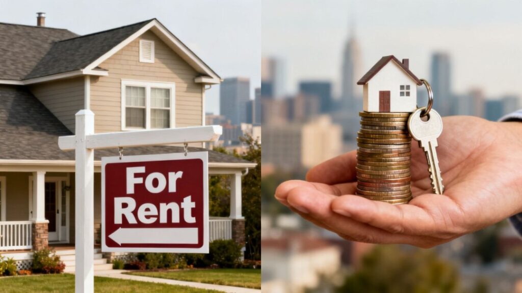 House with rent sign and coins with key.