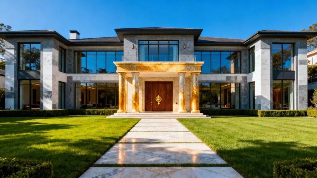 Luxury mansion exterior with manicured lawn and blue sky.