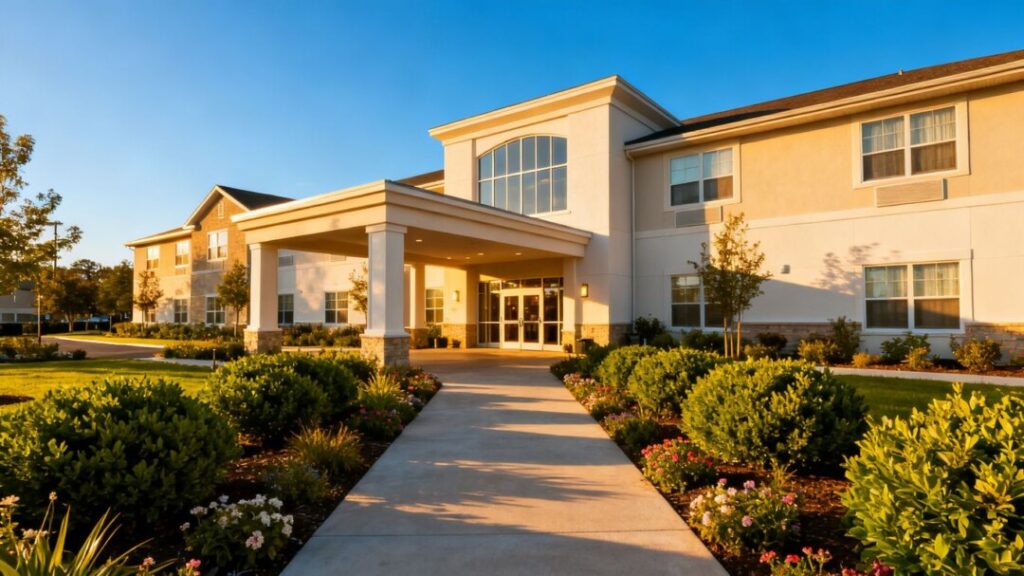 Senior living facility exterior with landscaping.