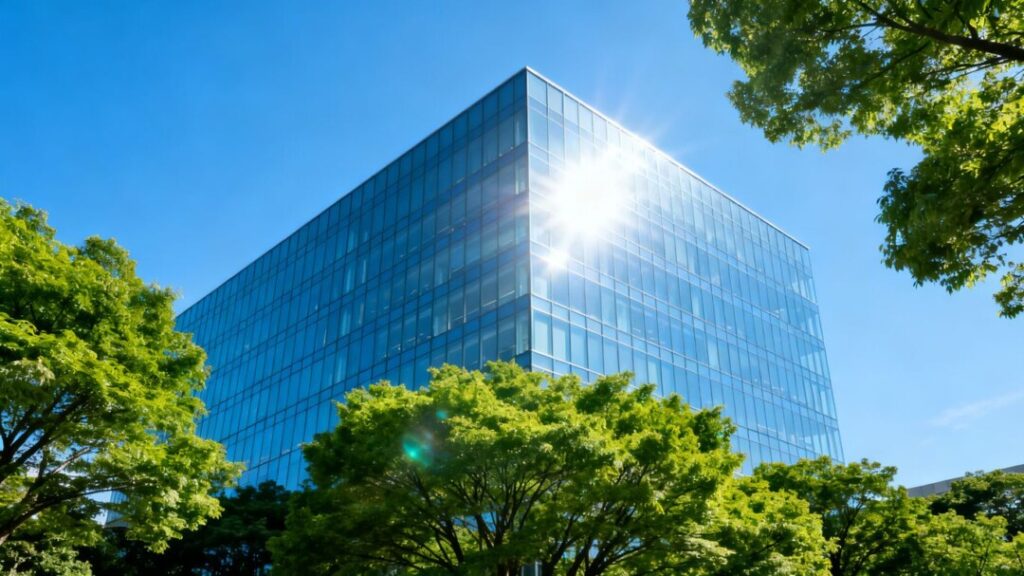 Modern office building with trees and blue sky.