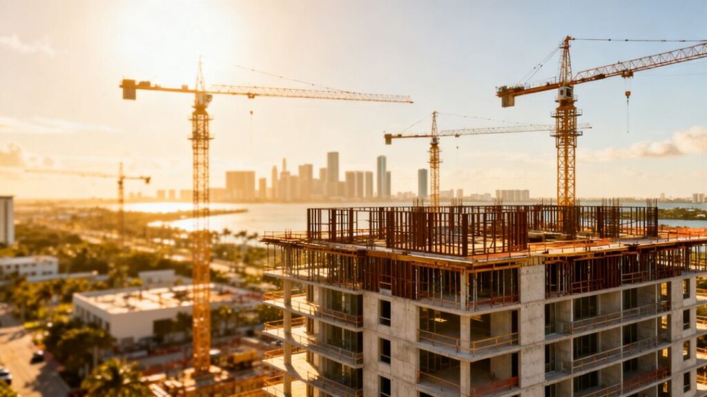 Orlando apartment complex construction with Miami skyline.