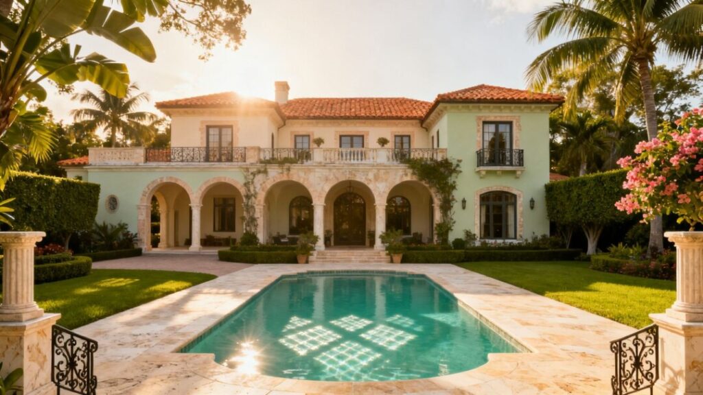 Luxury Coral Gables mansion with pool and green lawn.