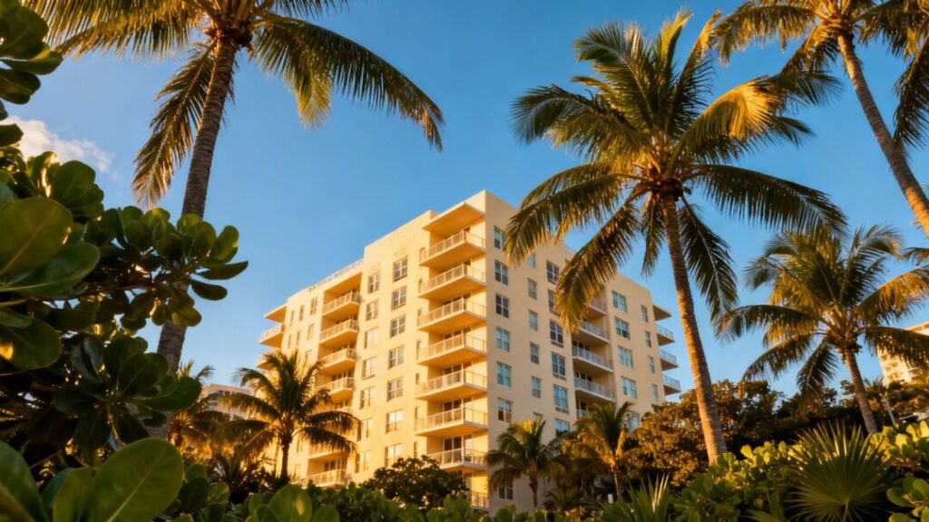 Miami Beach apartment building exterior with palm trees.