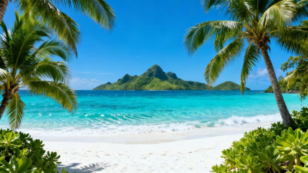 Tropical island paradise with white sand and turquoise water.