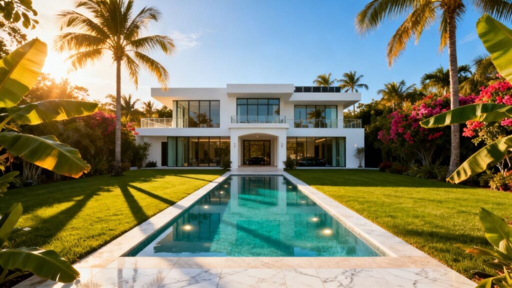 Luxury mansion with pool in a tropical setting.