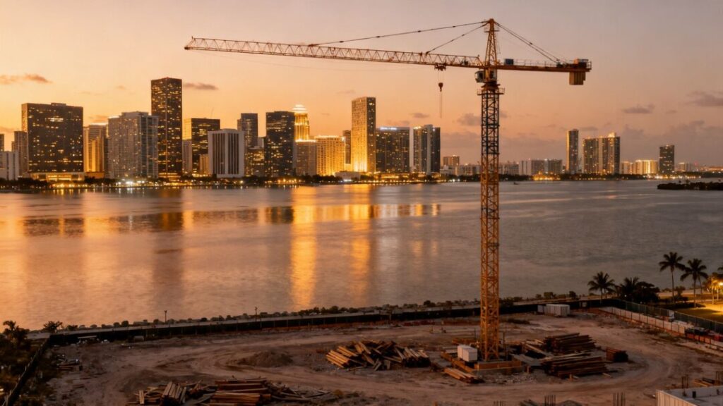 Miami cityscape with construction crane over development site.