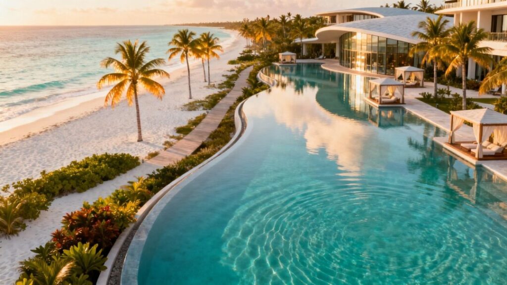Luxury Ritz-Carlton resort on a sunny beach.