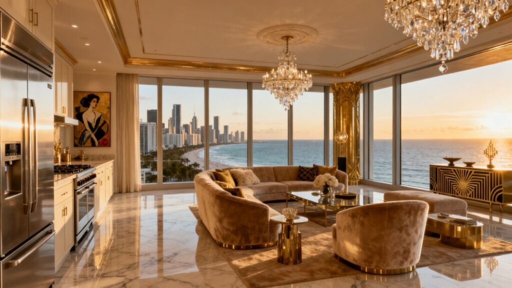 Luxury penthouse with ocean views and city skyline.