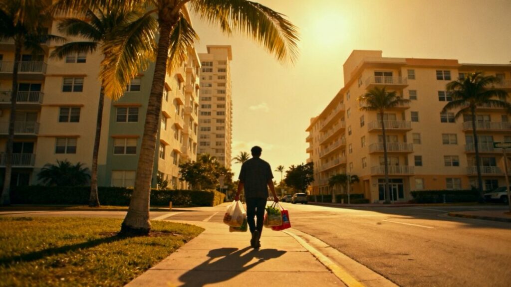 Miami apartment buildings and palm trees on a sunny day.