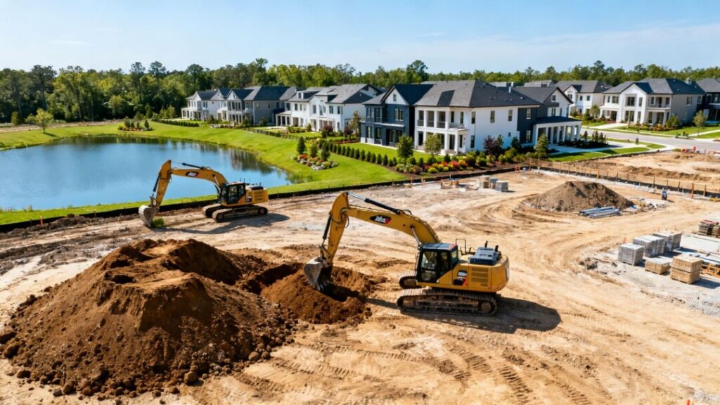 Luxury townhome community construction site near water.