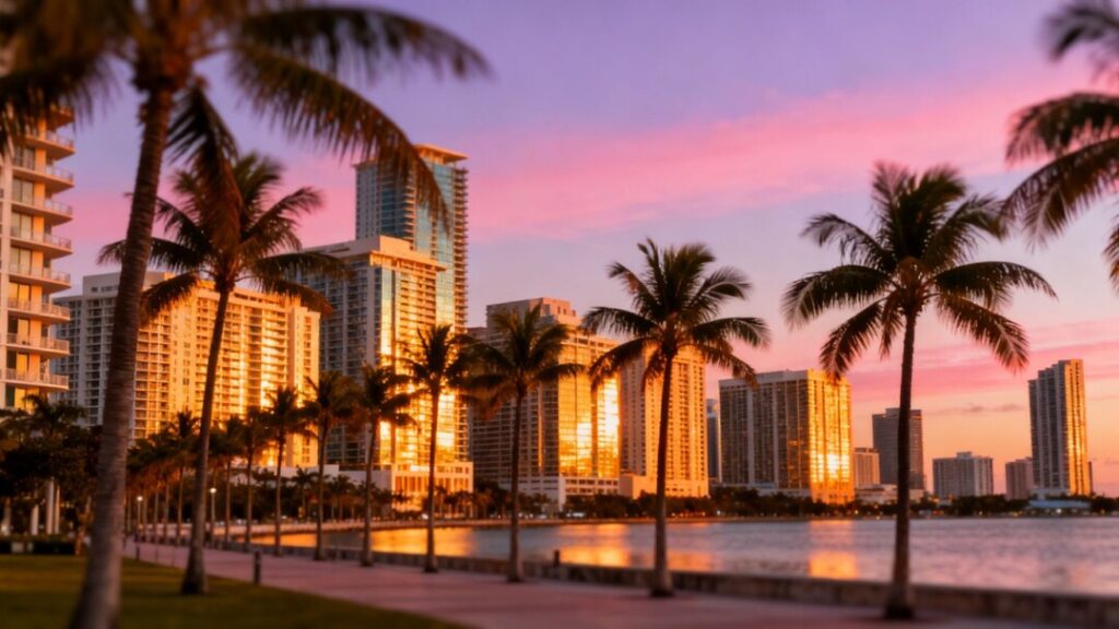 Miami skyline with luxury condos and palm trees.