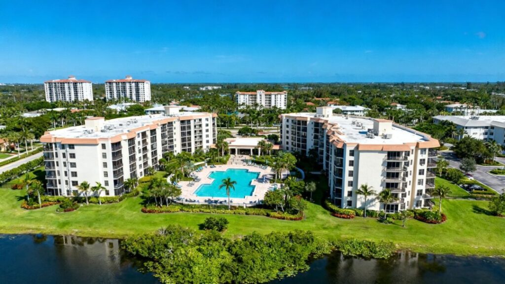 West Palm Beach condo property with pools and landscaping.