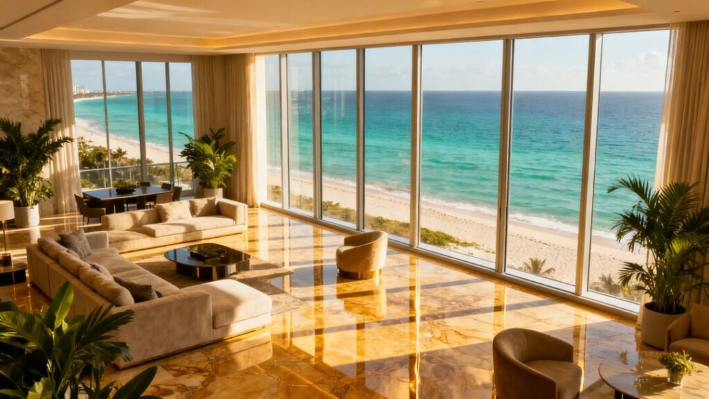 Luxury penthouse living room with ocean view.