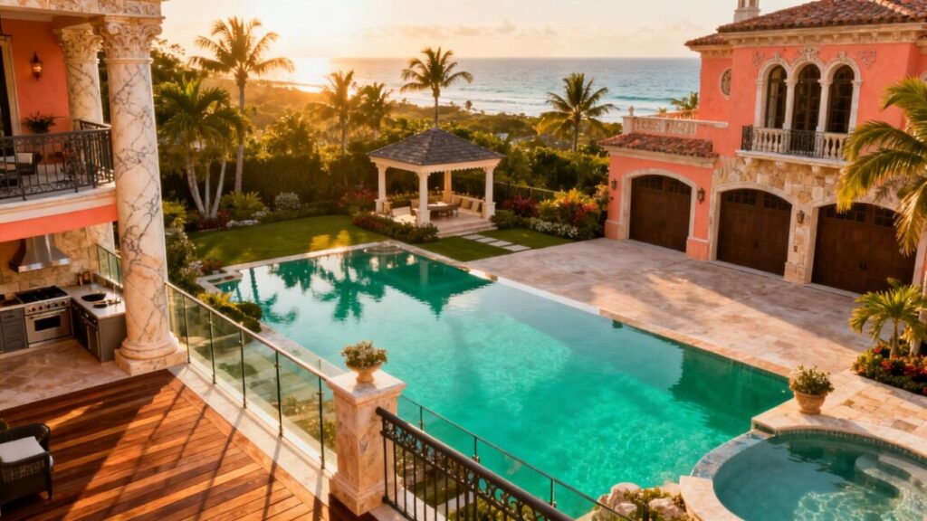 Luxury Miami mansion with pool and tropical landscaping.