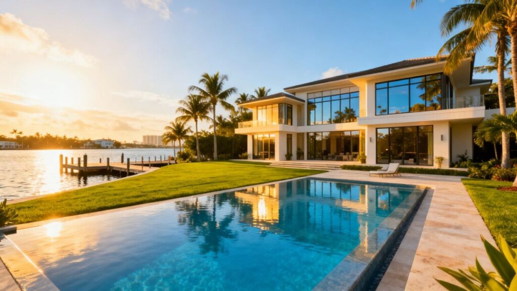 Miami Beach mansion with waterfront view and private dock.