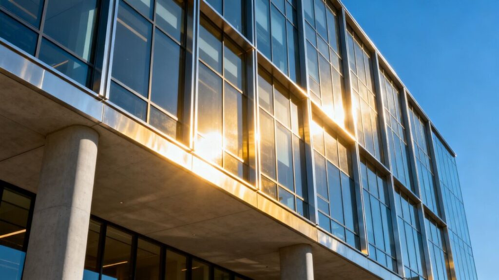 Modern building facade with large windows and clean lines.
