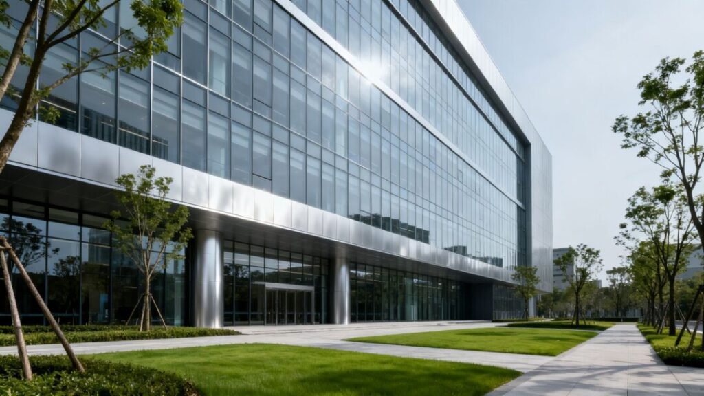 Modern office building with large windows and green landscaping.