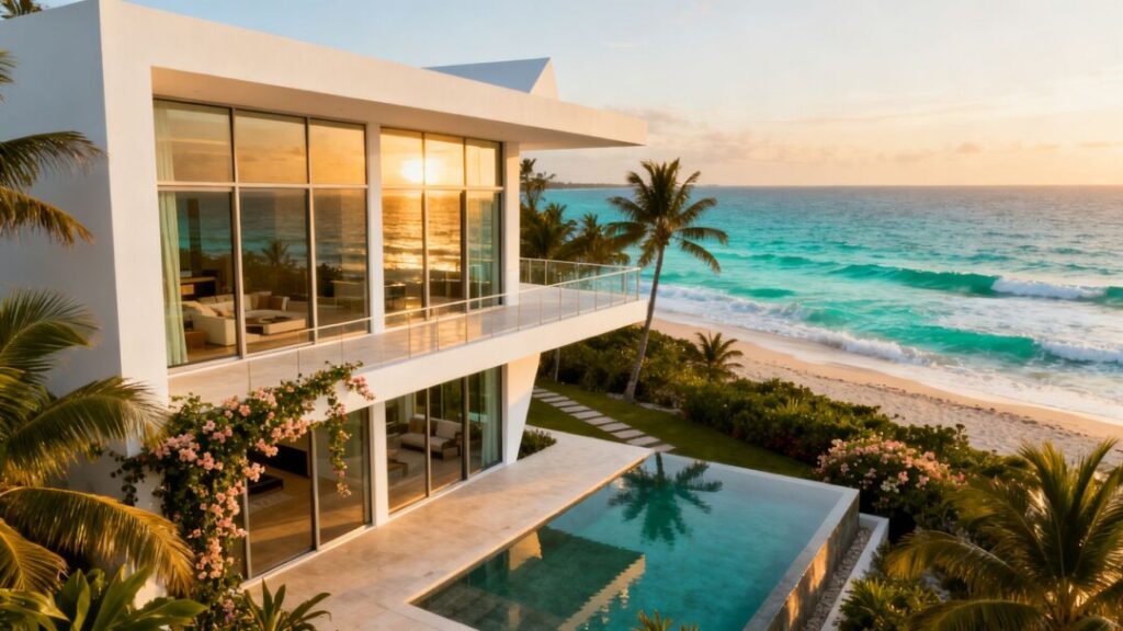 Oceanfront surf club residence with modern architecture and beach access.