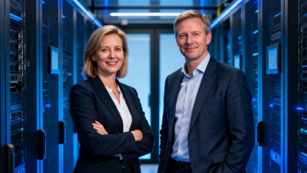 CBRE executives Anna Wolke and Stuart Dyer in a data center.