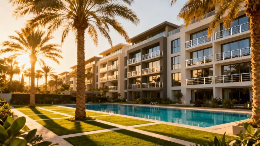 Florida multifamily communities with pools and palm trees.