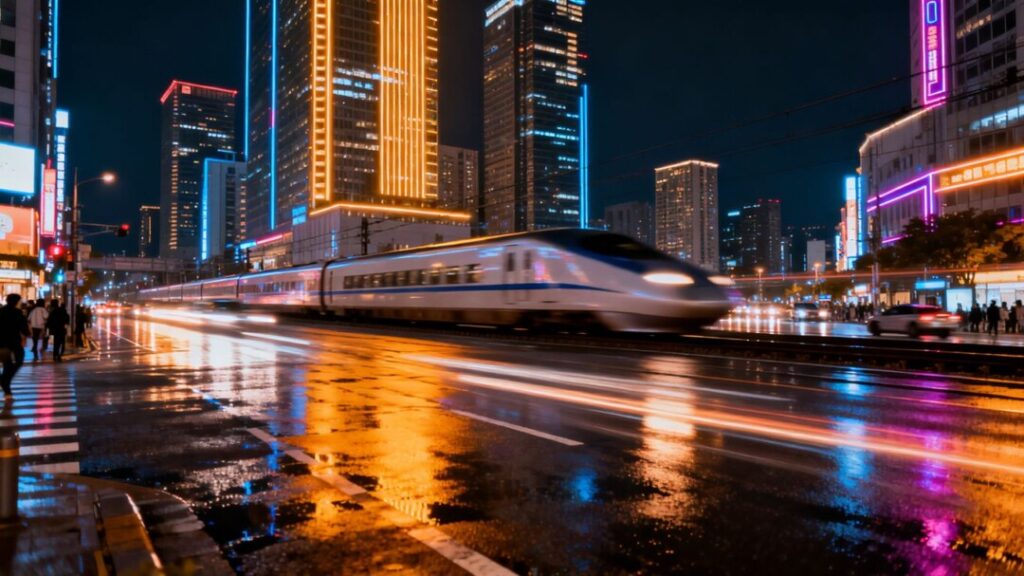 Tokyo cityscape at night with illuminated skyscrapers and bullet train.