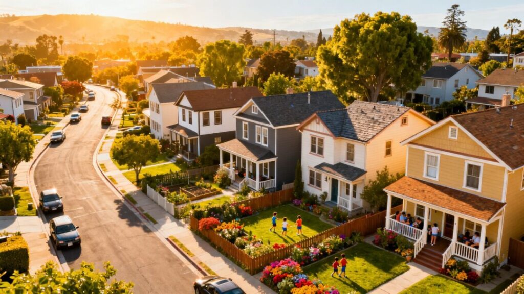 Aerial view of a hot housing market neighborhood.
