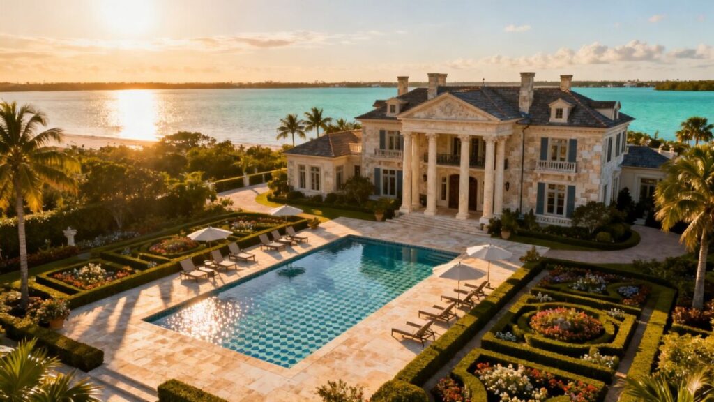 West Palm Beach waterfront mansion with pool and gardens.