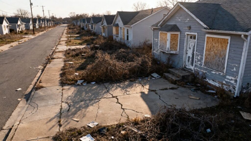 Numerous vacant houses on a suburban street.