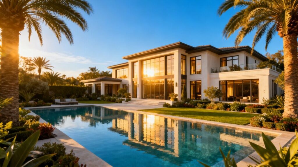 Luxury South Florida mansion with pool and palm trees.